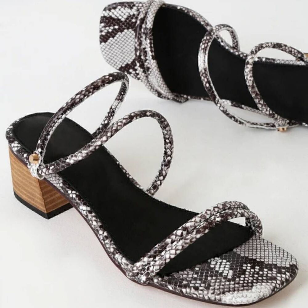 Mi.iM White Brown Snake Print Block Heel Strappy Slip On Sandal Size 8